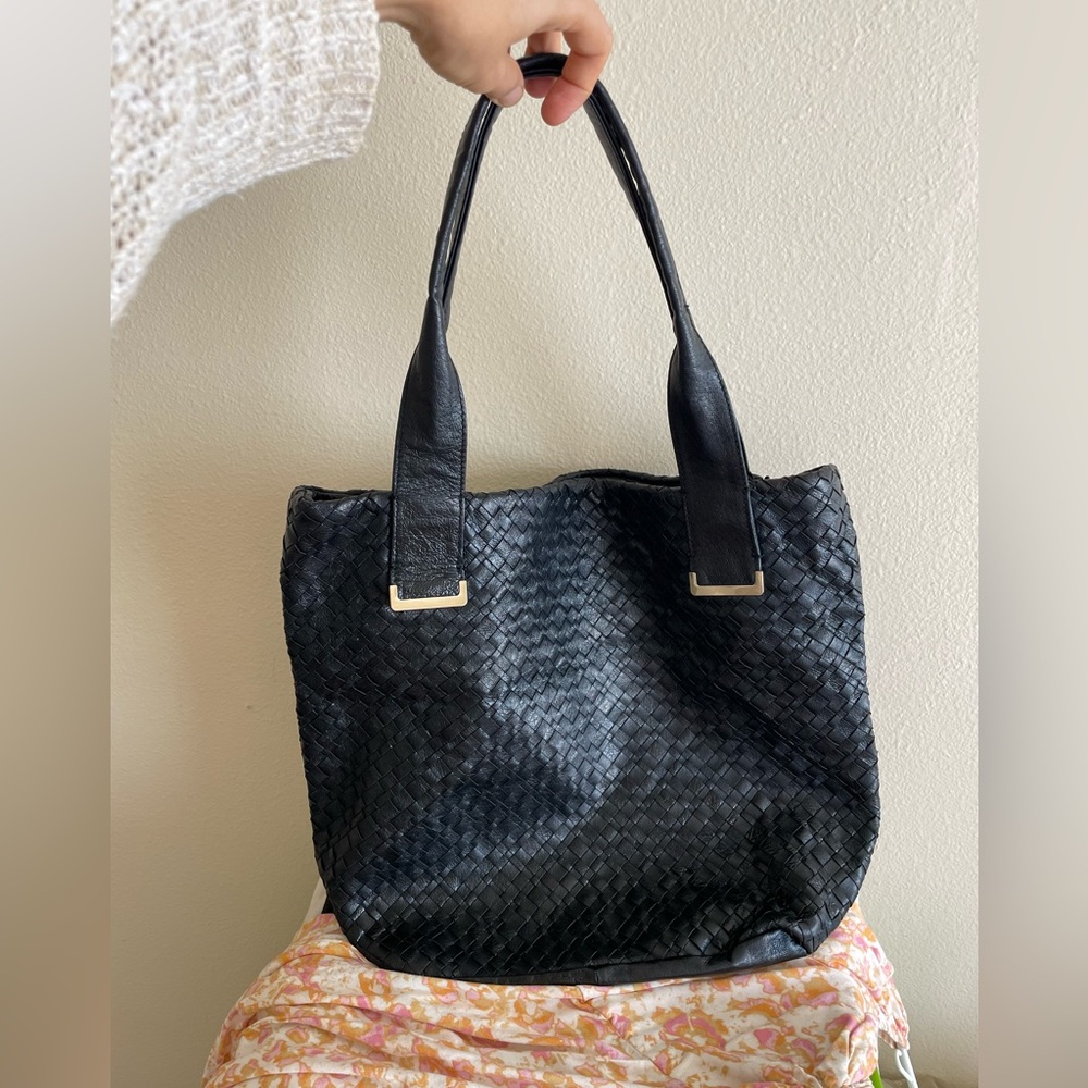 Black weaved leather tote bag